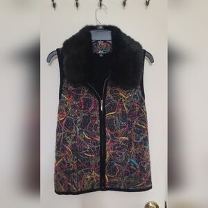 Lisa International Colorful Vest with Black Fur Trim